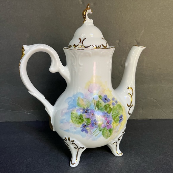 VTG Violet Tea Set Hand-painted Porcelain Teapot Creamer Sugar Bowl Victorian - Picture 2 of 16